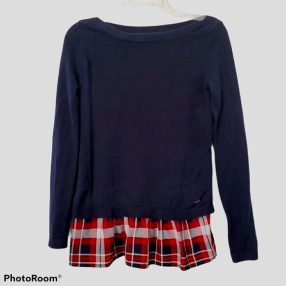 Tommy Hilfiger Navy Knit to Plaif woven sweater - Picture 2 of 3